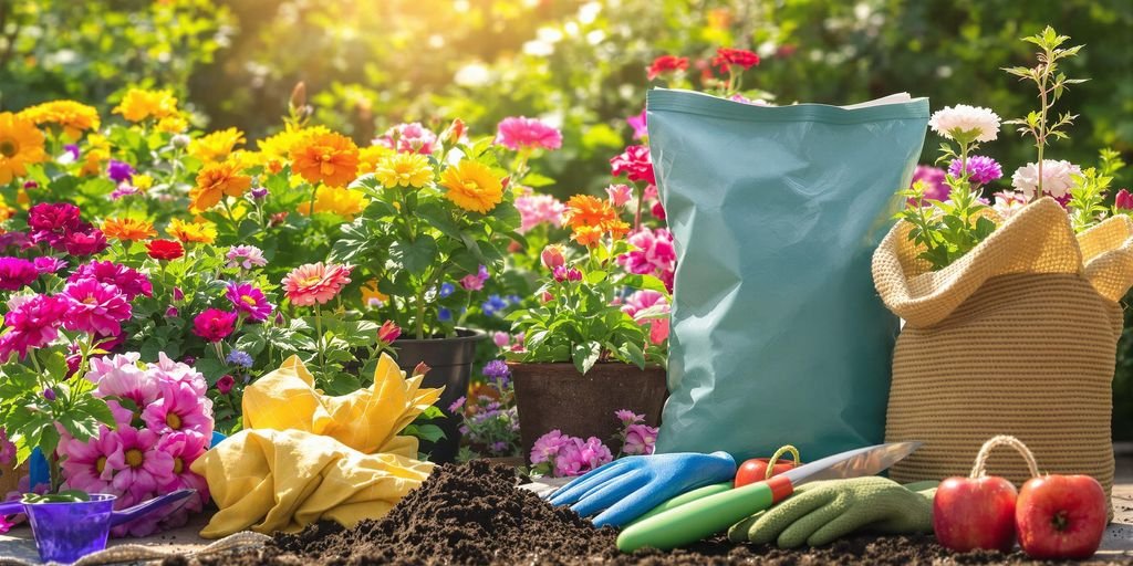 A collection of gardening supplies and tools arranged neatly in a vibrant garden setting, showcasing various gardening essentials.