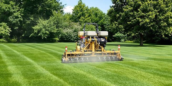  A machine equipped with a sprayer is applying treatment to a grassy area. 