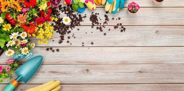 A collection of gardening tools and vibrant flowers arranged on a rustic wooden table.