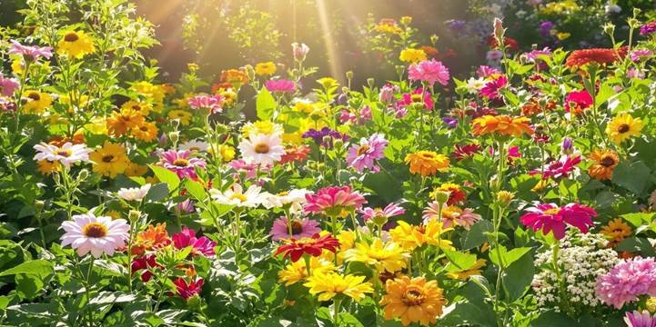 A vibrant field of flowers illuminated by sunlight, creating a picturesque and serene natural landscape.
